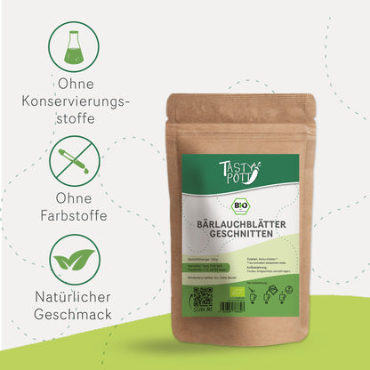 Bio Bärlauch geschnitten im 100g Beutel, ohne Konservierungsstoffe.