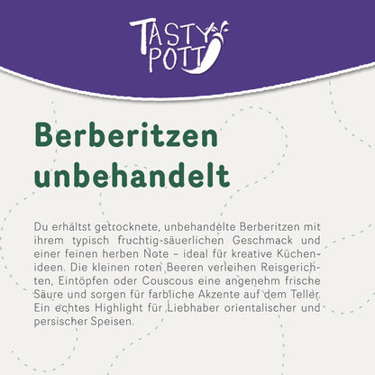 Getrocknete Berberitzen in 1 kg Beutel, fruchtig-säuerlicher Geschmack.