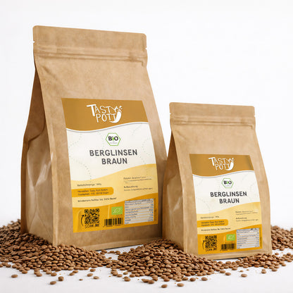 Braune Bio Berglinsen im 1kg Beutel von Tasty Pott.