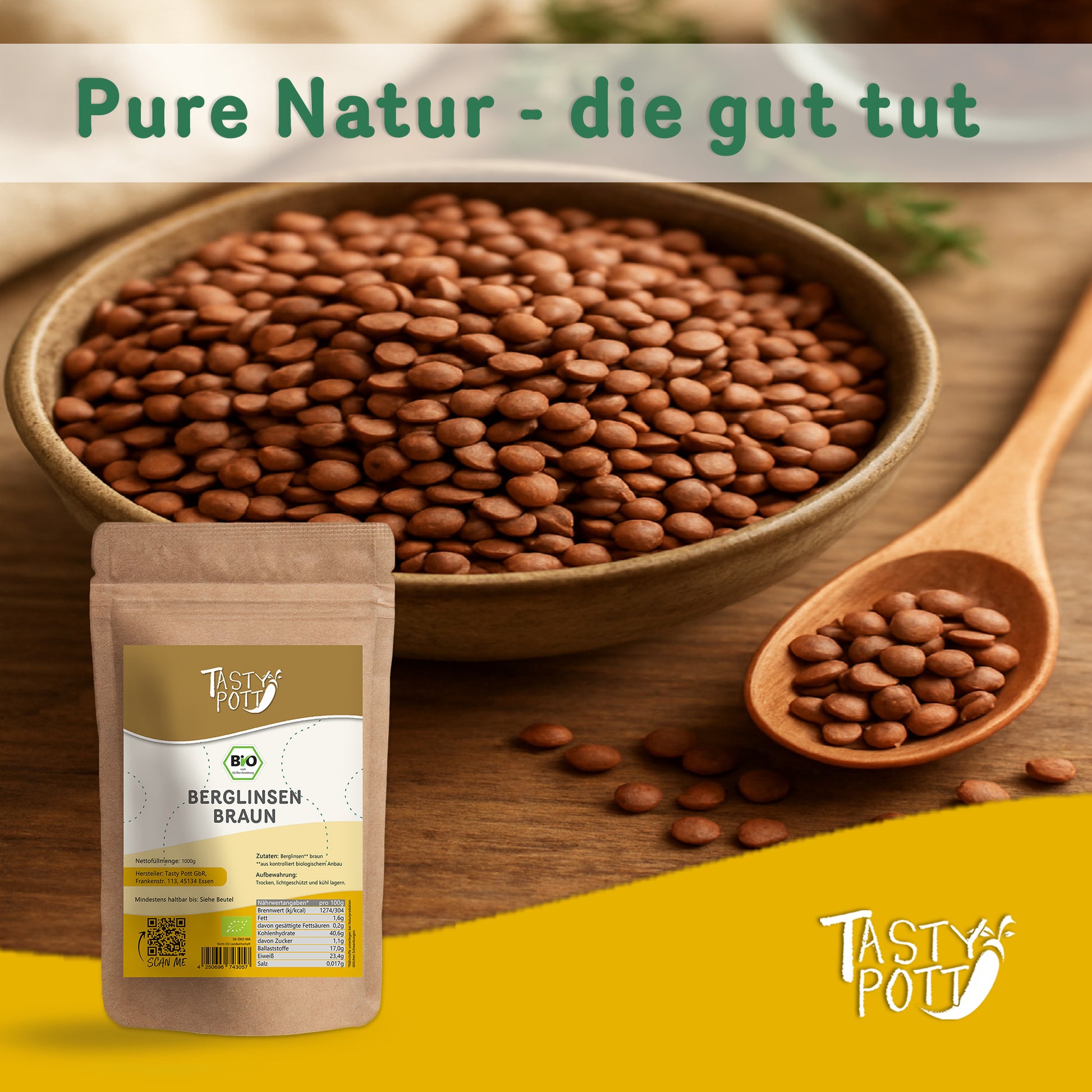 Braune Bio Berglinsen 1kg Beutel von Tasty Pott, gesund und nachhaltig.