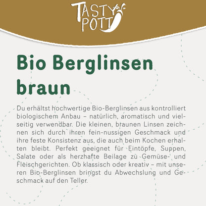Braune Bio Berglinsen im 1kg Beutel von Tasty Pott für gesunde Gerichte.