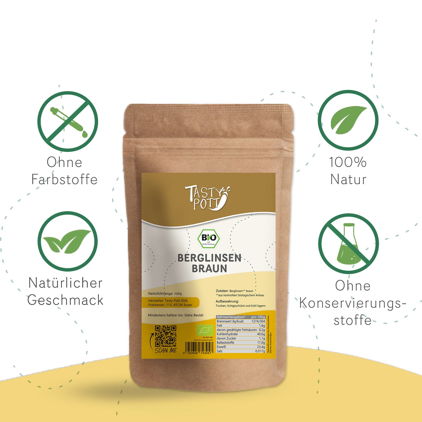 Braune Bio Berglinsen 1kg im umweltfreundlichen Beutel von Tasty Pott