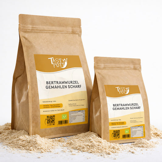 Bertramwurzel scharf gemahlen in 100g Beuteln, ideal für Gewürze.