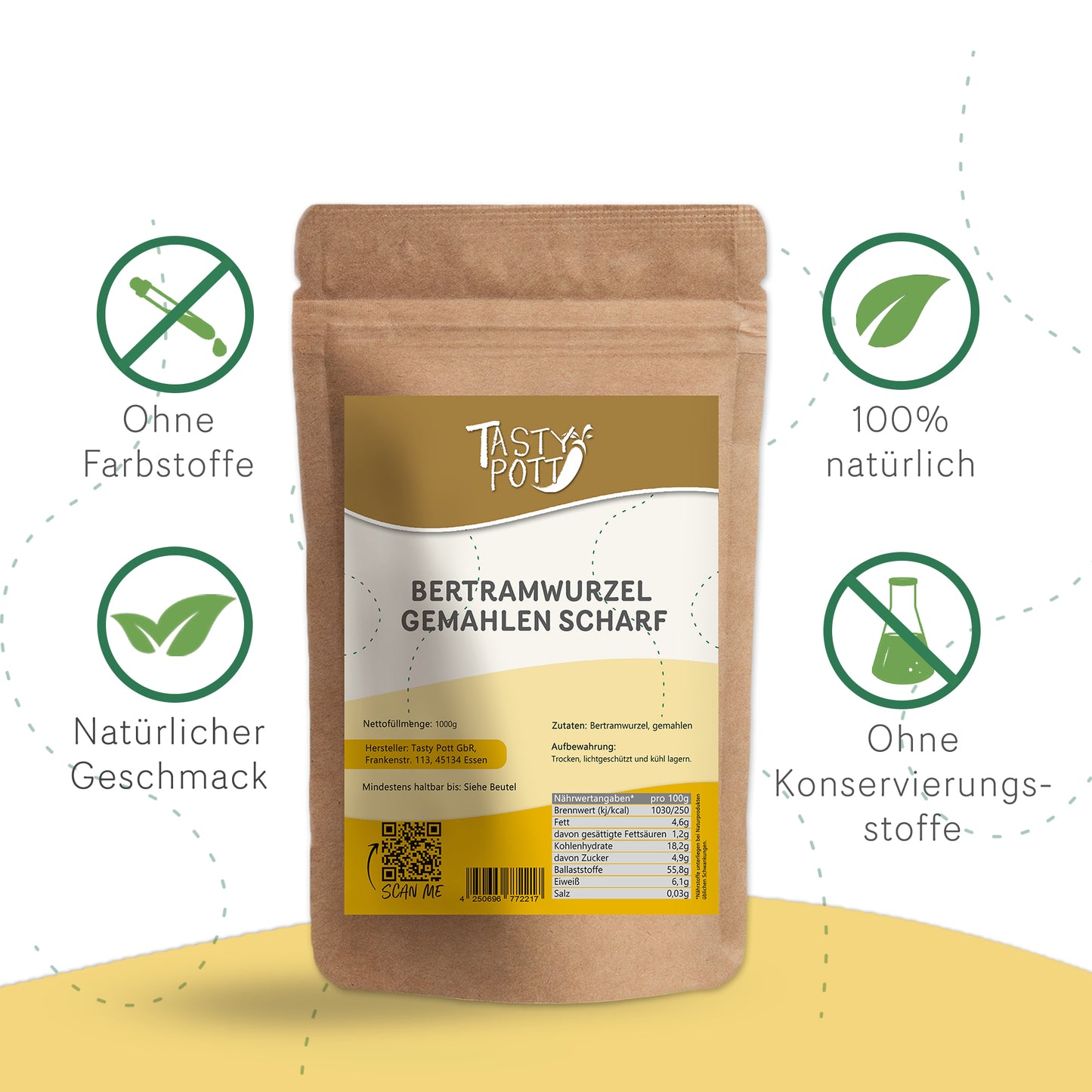 Scharf gemahlene Bertramwurzel im 100g Beutel, 100% natürlich.