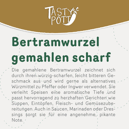 Scharf gemahlene Bertramwurzel im 100g Beutel für würzige Gerichte.