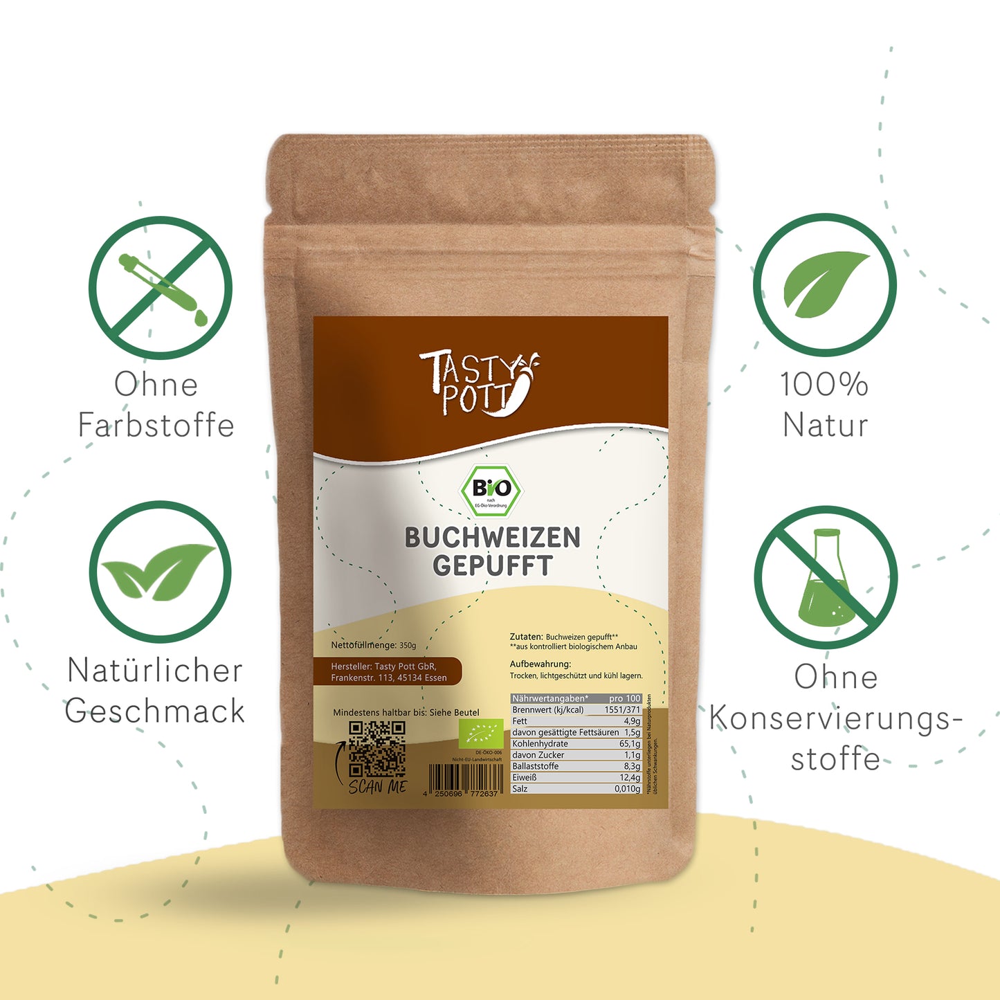 Bio Buchweizen gepufft in 350g Beutel, 100% natürlich und ohne Zusatzstoffe.