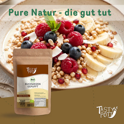 Bio Buchweizen gepufft in 350g Beutel, ideal für gesunde Snacks.