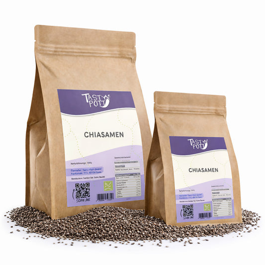 Chiasamen in braunen Verpackungen, Superfood ab 1kg von Tasty Pott.