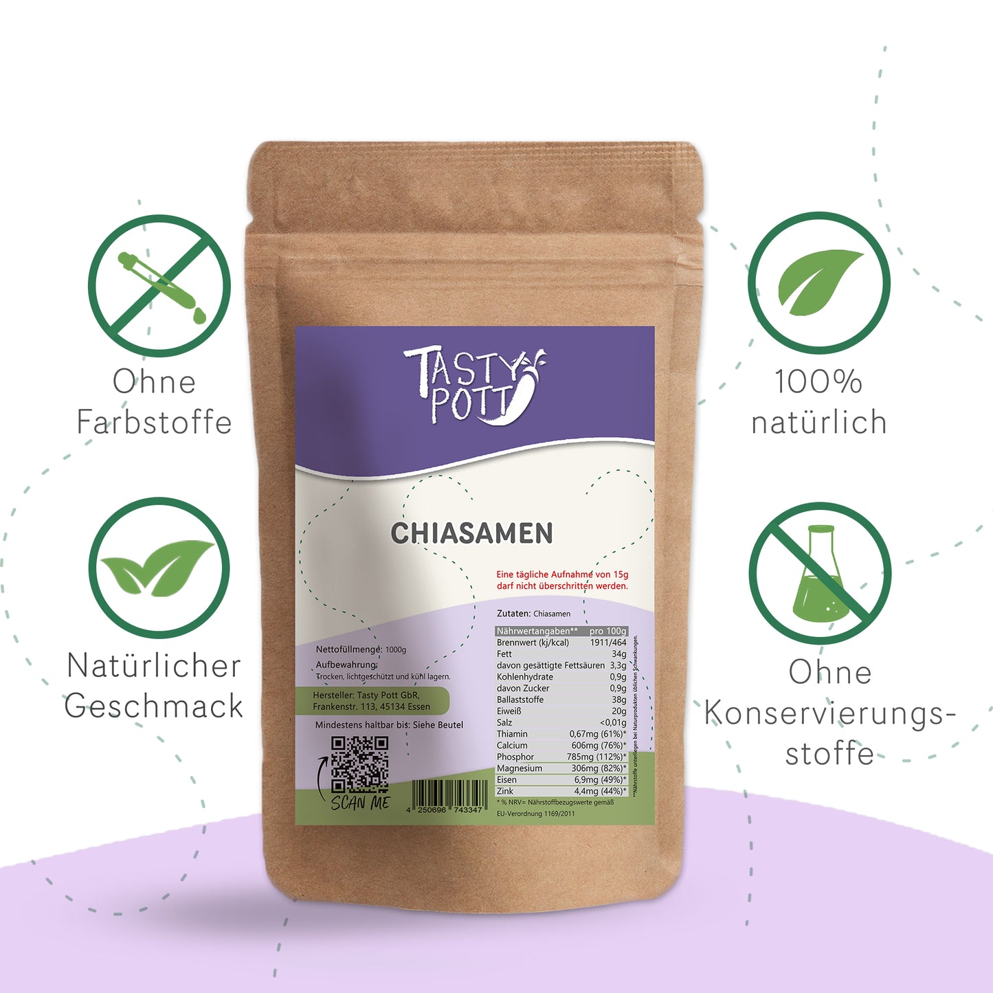 Chiasamen in 1kg Packung, 100% natürlich und ohne Zusatzstoffe.