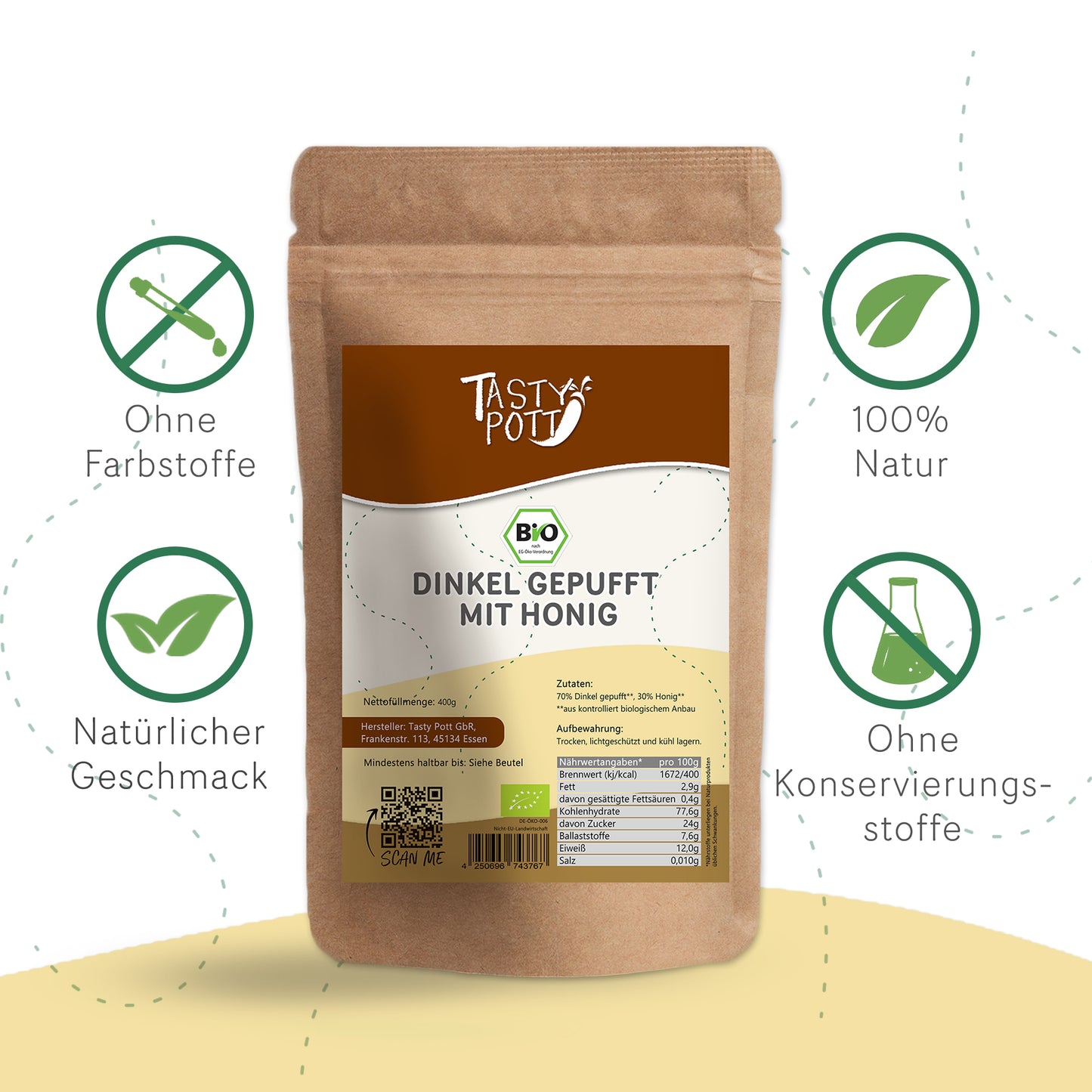 Bio Dinkel gepufft mit Honig, 400g Beutel von Tasty Pott, gesund und lecker.