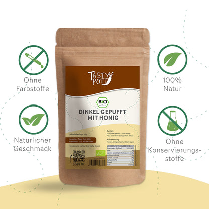 Bio Dinkel gepufft mit Honig, 400g Beutel von Tasty Pott, gesund und lecker.
