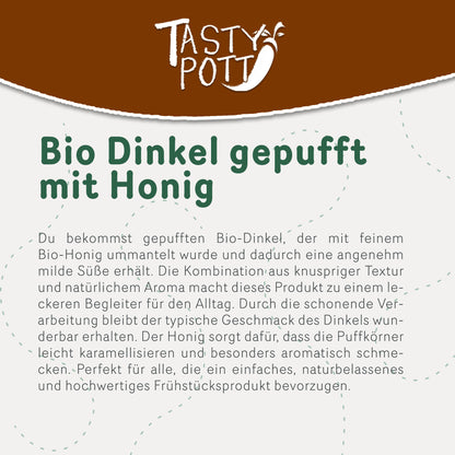 Gepuffter Bio Dinkel mit Honig, 400g Beutel von Tasty Pott.