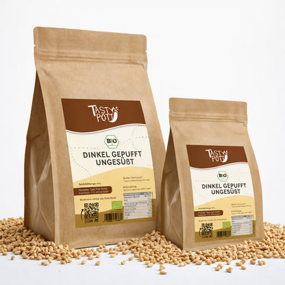 Bio Dinkel gepufft ungesüßt im 400g Beutel, ideal für gesunde Snacks.