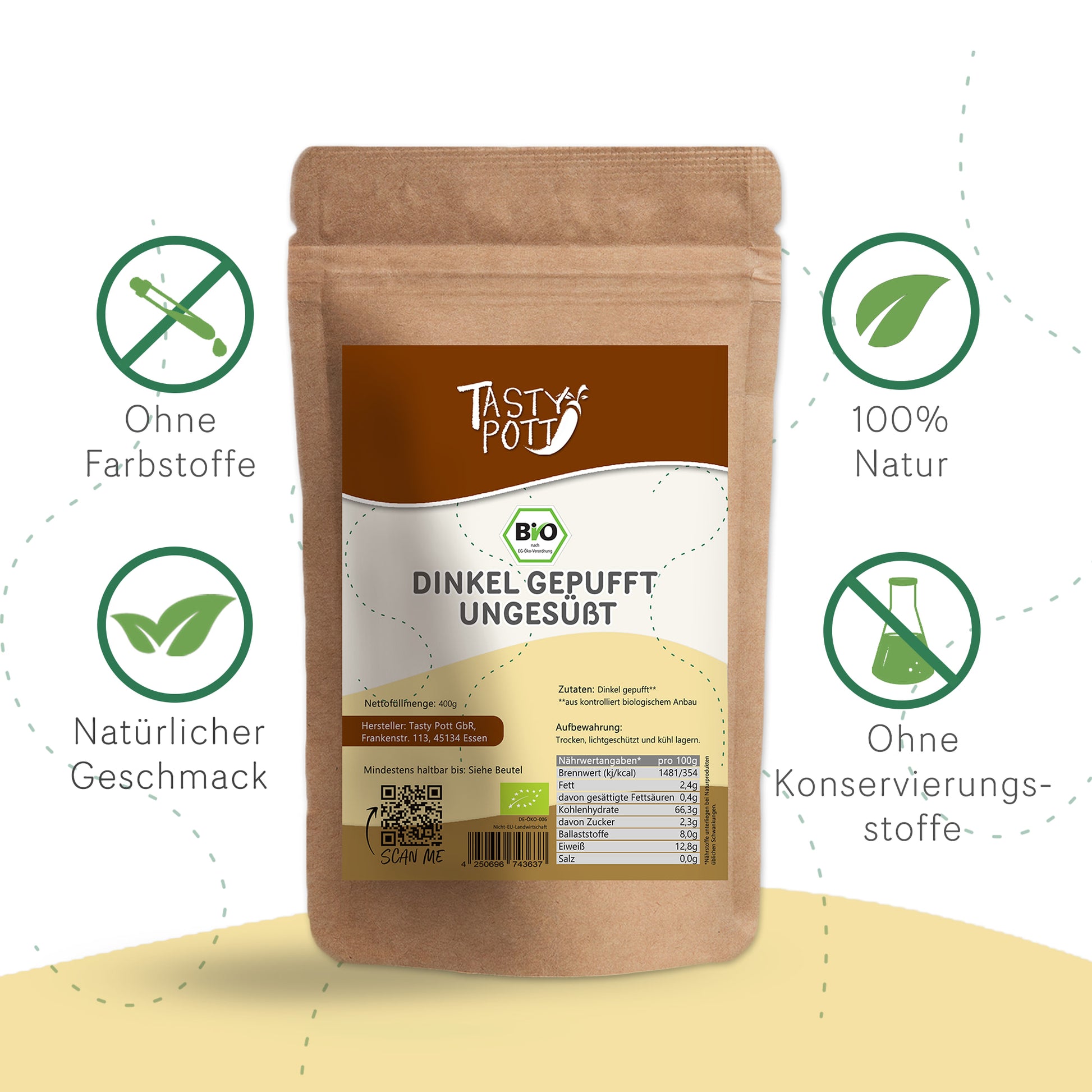 Bio Dinkel gepufft ungesüßt in 400g Beutel, 100% natürliche Zutaten.