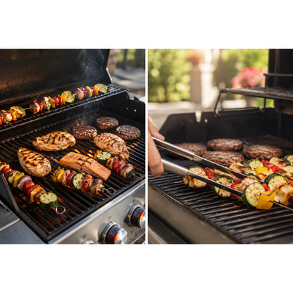 gasgrill mit grillfleisch grillgemüse