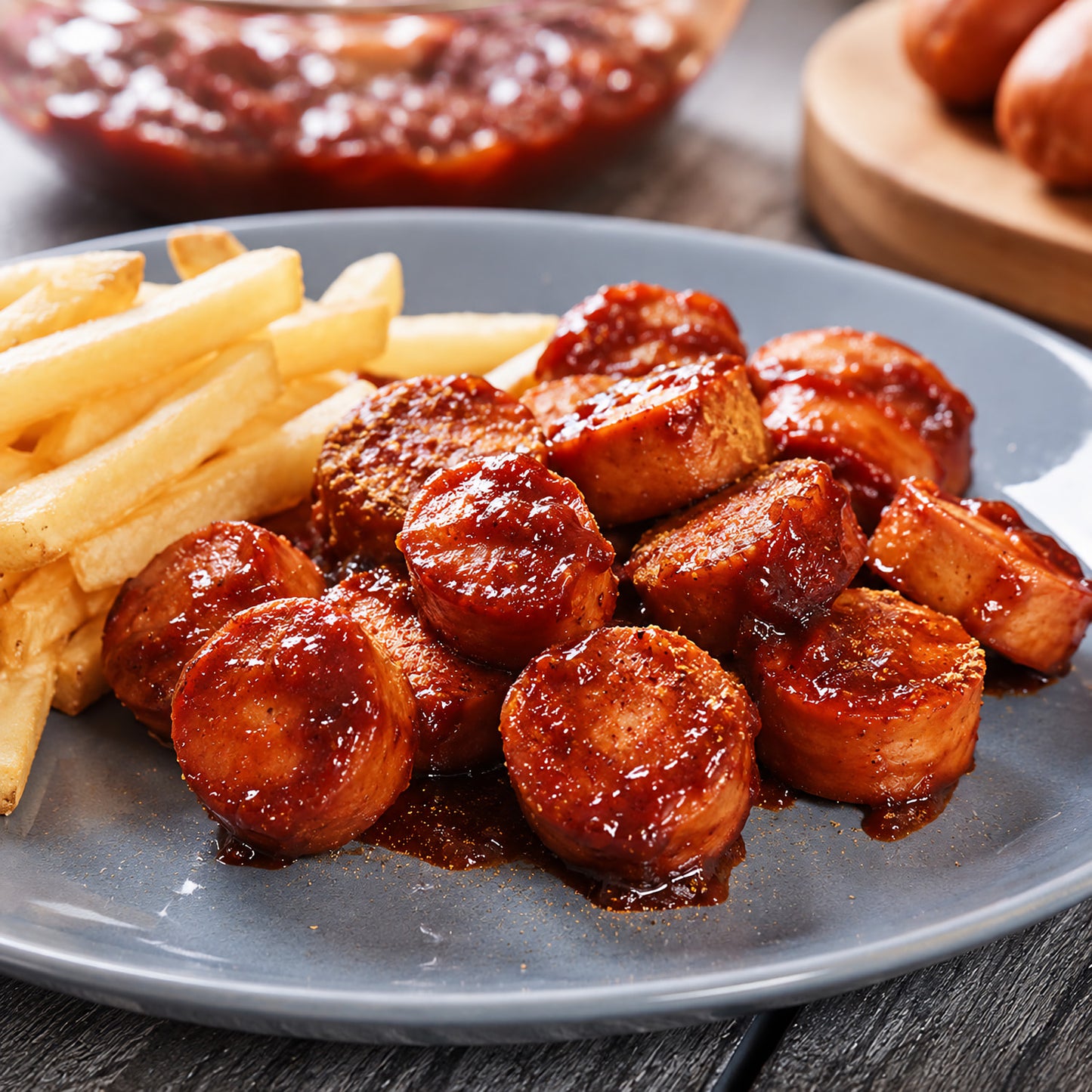 Currywurst mit Pommes auf einem grauen Teller auf einem Holztisch