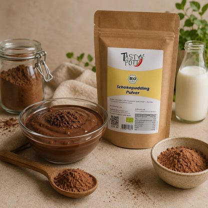 Bio Schoko Pudding Pulver von Tasty Pott, 100g, in brauner Verpackung.