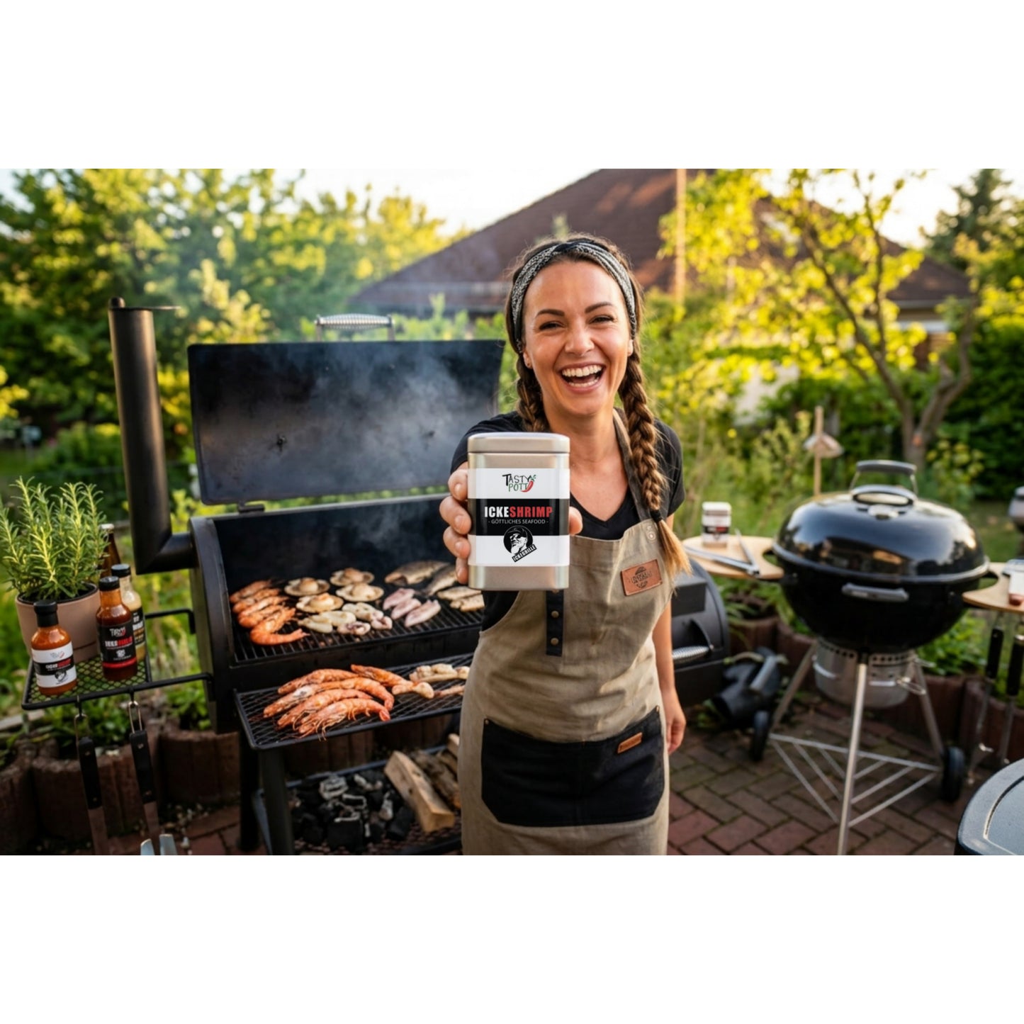 ickeshrimp grillgewürz dose von frau beim grillen in die kamera gehalten