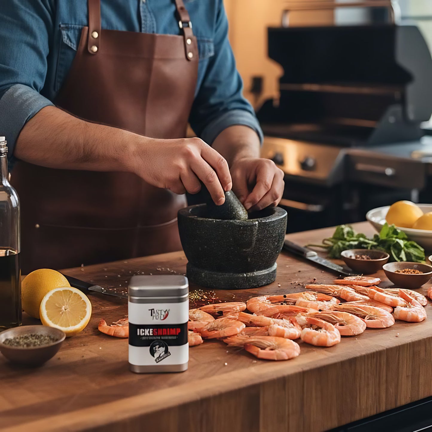 ickeshrimp grillgewürz dose auf holz arbeitsplatte beim grillen 