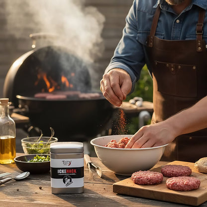 ickehack hackfleisch gewürz dose auf tisch im garten vor dem grill