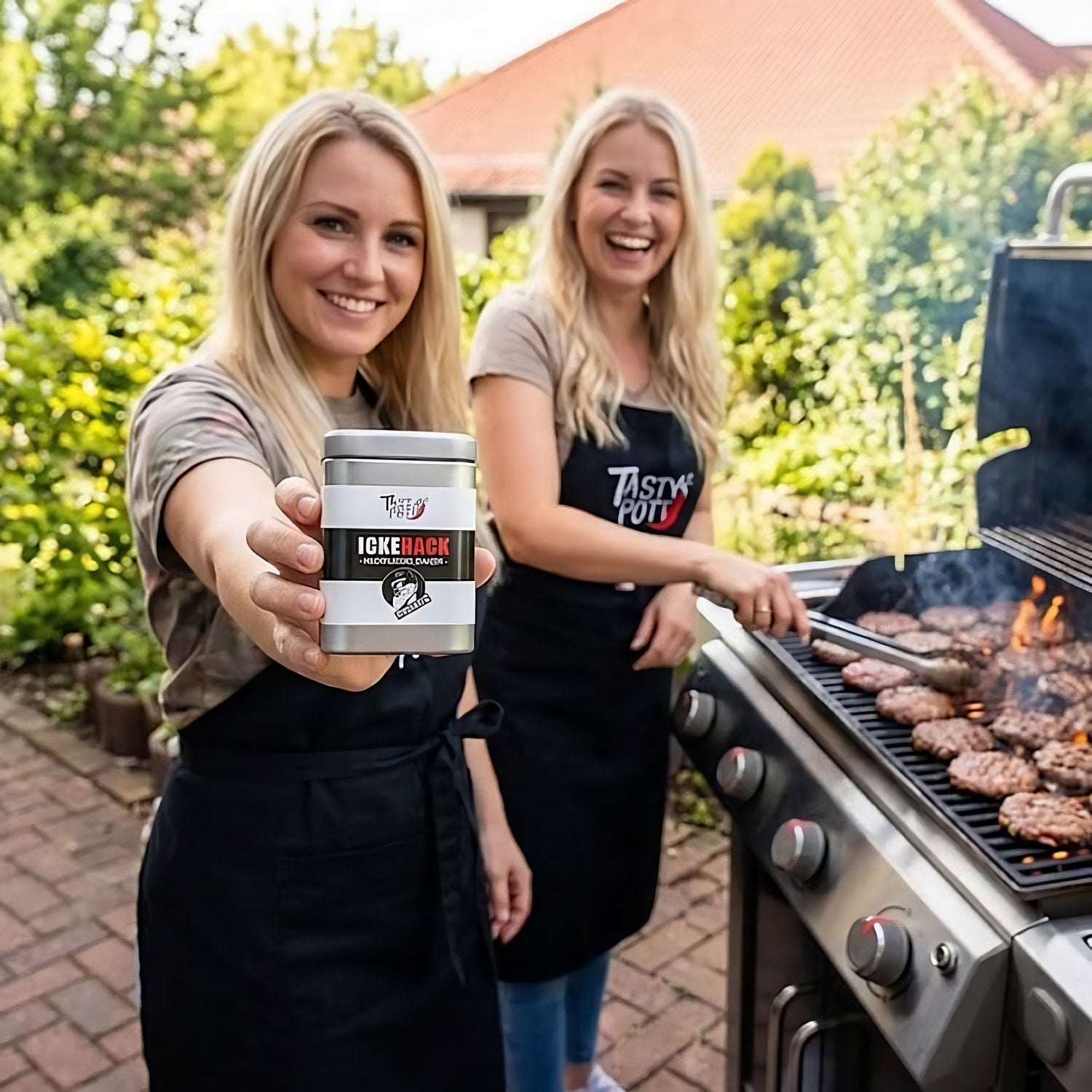 ickehack hack gewürz dose mit zwei frauen am grill