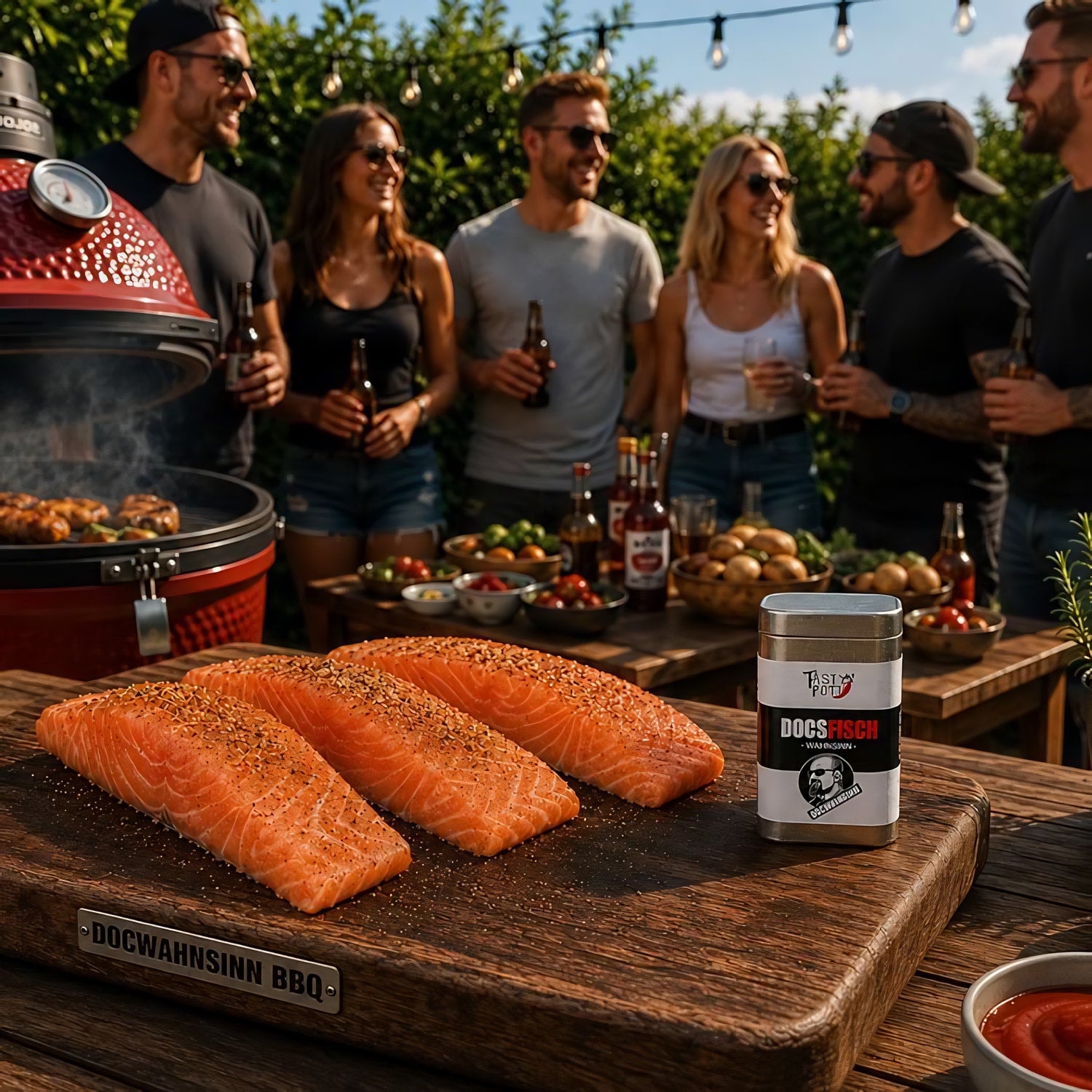 docsfisch wahnsinn 83g dose auf holzbrett neben gegrilltem lachs