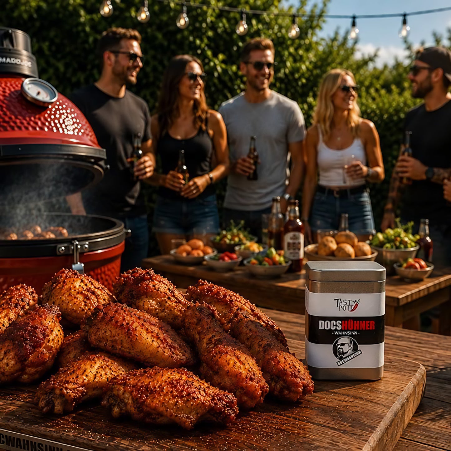 docshühner wahnsinn dose auf holzbrett neben chickenwings