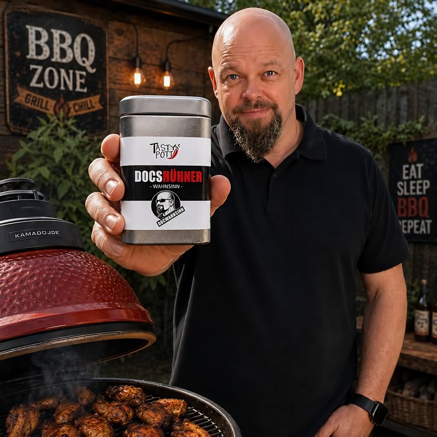 docshühner wahnsinn grillgewürz dose in über grill in die kamera gehalten