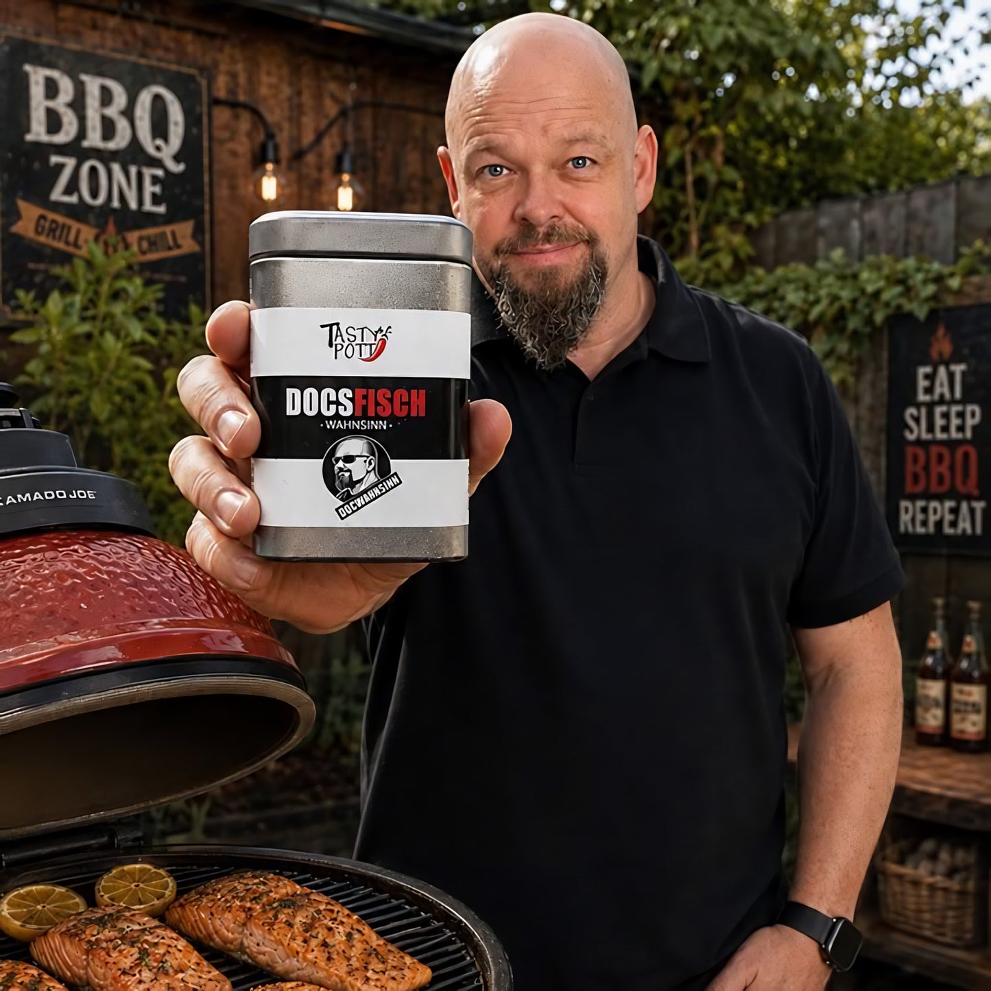 docsfisch wahnsinn grillgewürz dose in über grill in die kamera gehalten