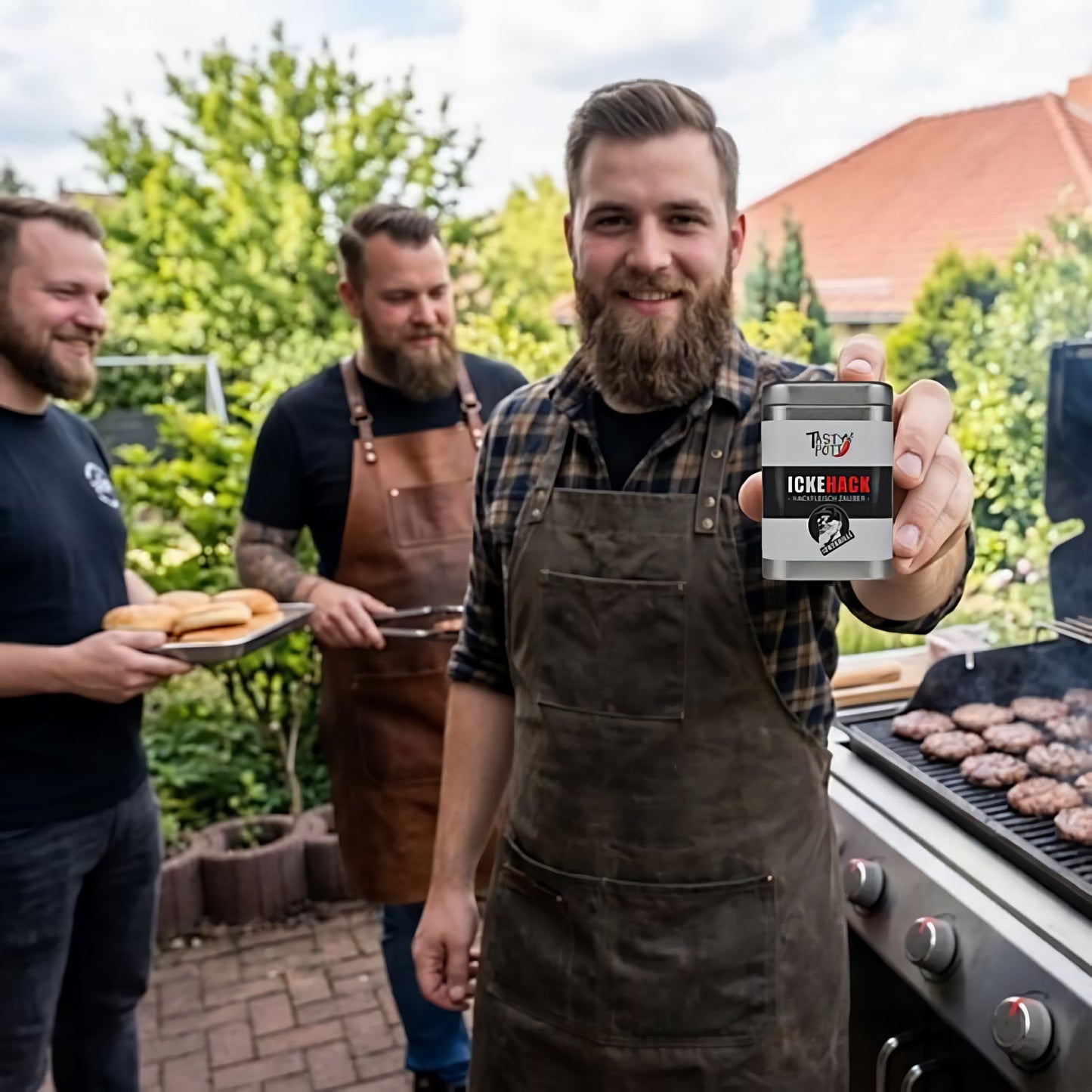 ickehack gewürz dose von mann beim grillen in die kamera gehalten