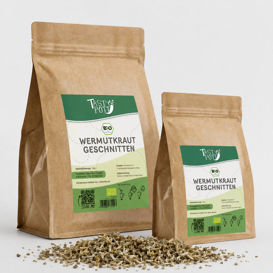 Bio Wermutkraut geschnitten in umweltfreundlicher Verpackung, 100g von Tasty Pott.