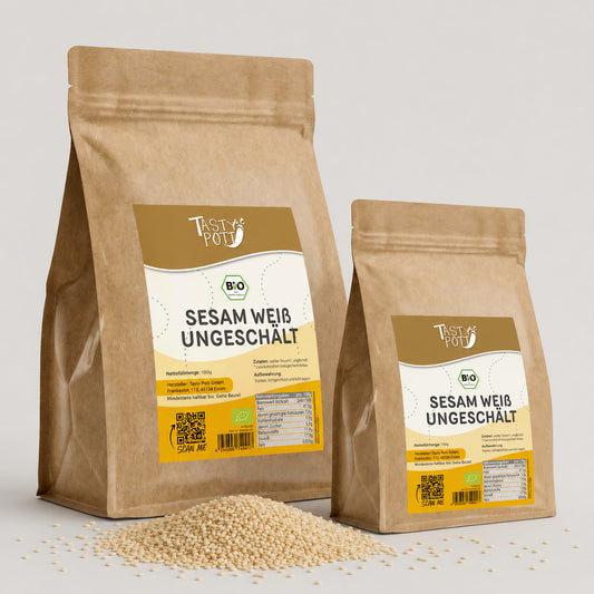 Weißer ungeschälter bio Sesam 1kg Beutel von Tasty Pott, bio und nährstoffreich.