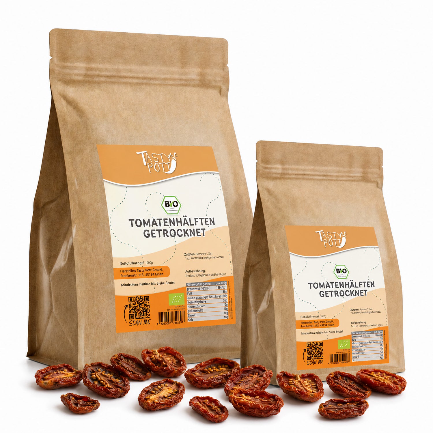 Bio getrocknete Tomatenhälften in 1 kg Beutel von Tasty Pott, aromatisch und vielseitig.