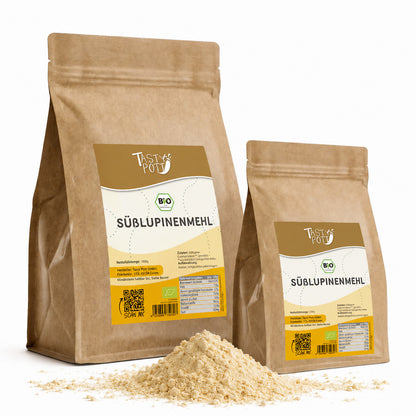 Bio Süßlupinenmehl 1kg von Tasty Pott in umweltfreundlicher Verpackung.