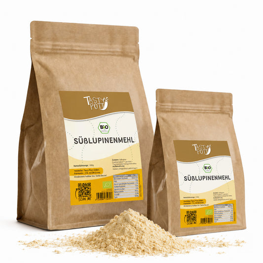 Bio Süßlupinenmehl 1kg von Tasty Pott in umweltfreundlicher Verpackung.