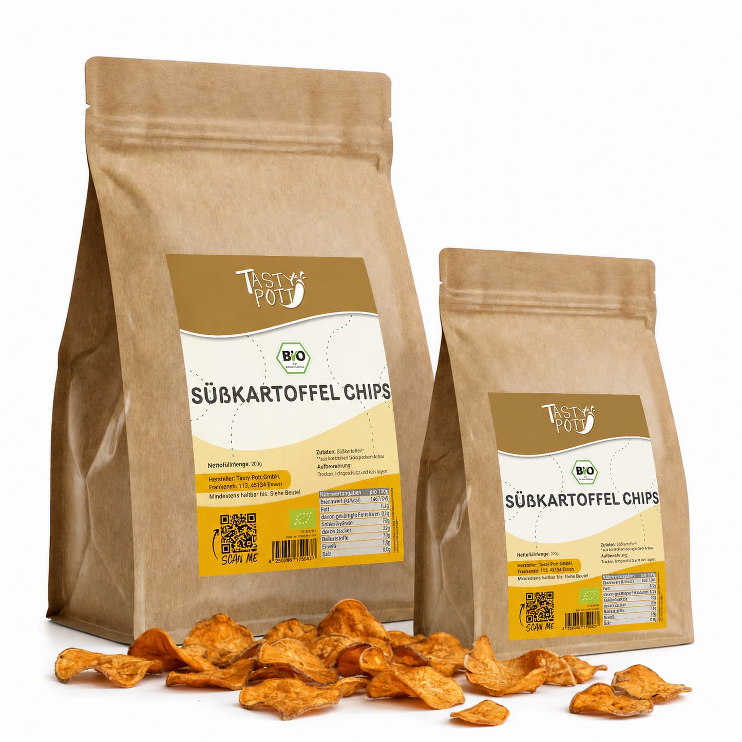 Bio Süßkartoffel Chips 200g im Beutel von Tasty Pott, knusprig und lecker.