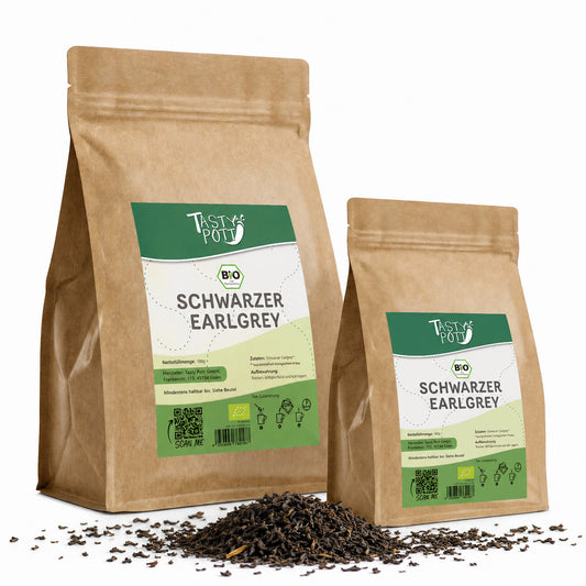 Bio Earl Grey Tee schwarz in 100g und 250g Beuteln von Tasty Pott.