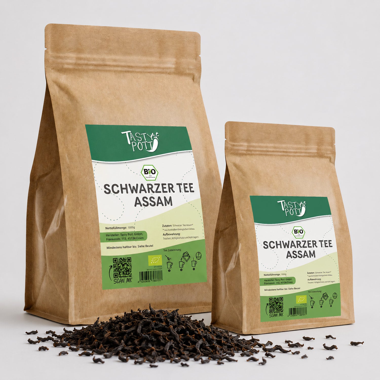 Bio Assam Tee in 100g Beuteln von Tasty Pott, aromatischer schwarzer Tee.