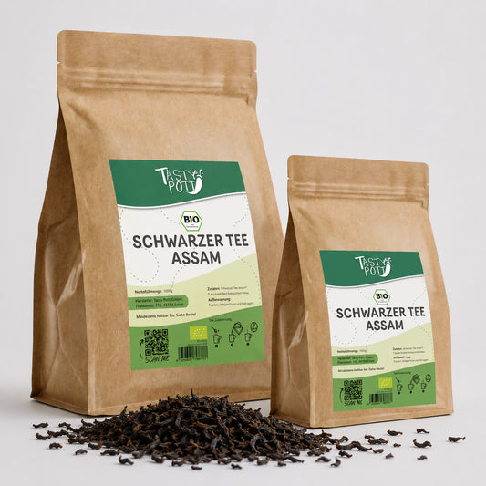 Bio Assam Tee in 100g Beuteln von Tasty Pott, aromatischer schwarzer Tee.