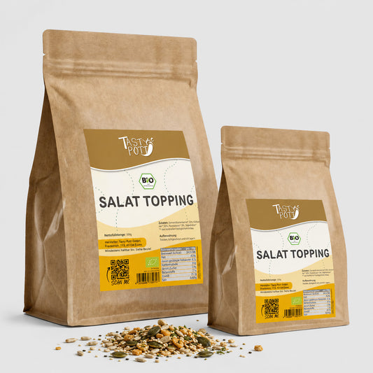 Bio Salat-Topping Körnermischung 500g von Tasty Pott in braunem Beutel.