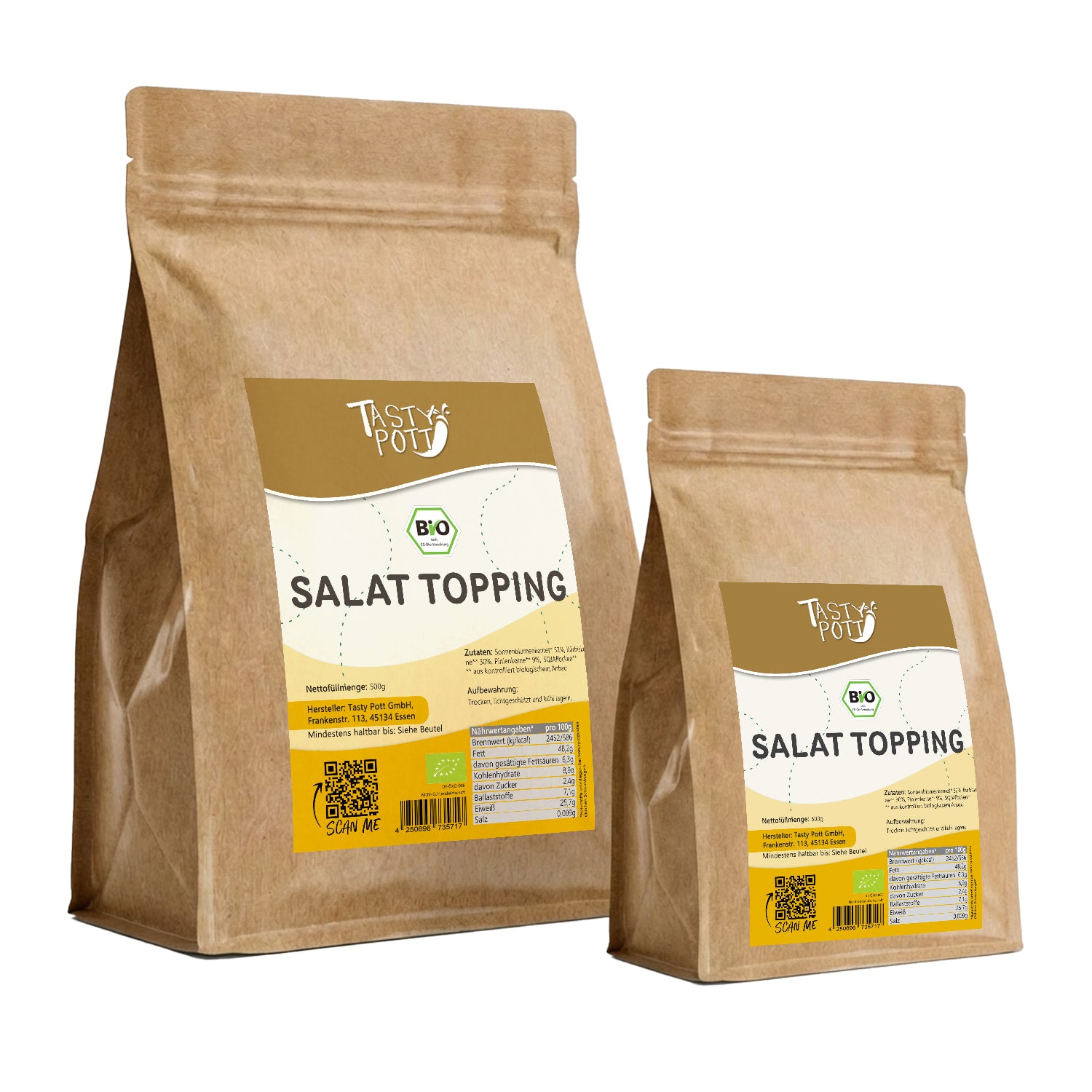 Bio Salat-Topping Körnermischung 500g von Tasty Pott in umweltfreundlicher Verpackung.