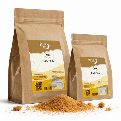 Bio Panela Zucker im 1kg Beutel von Tasty Pott, braun und unraffiniert.