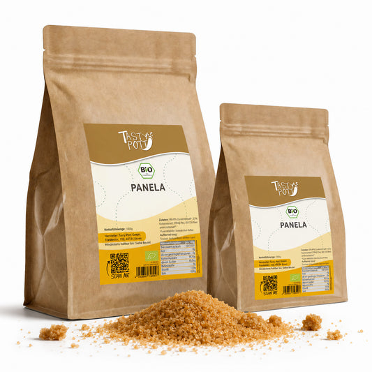 Bio Panela Zucker im 1kg Beutel von Tasty Pott, braun und unraffiniert.