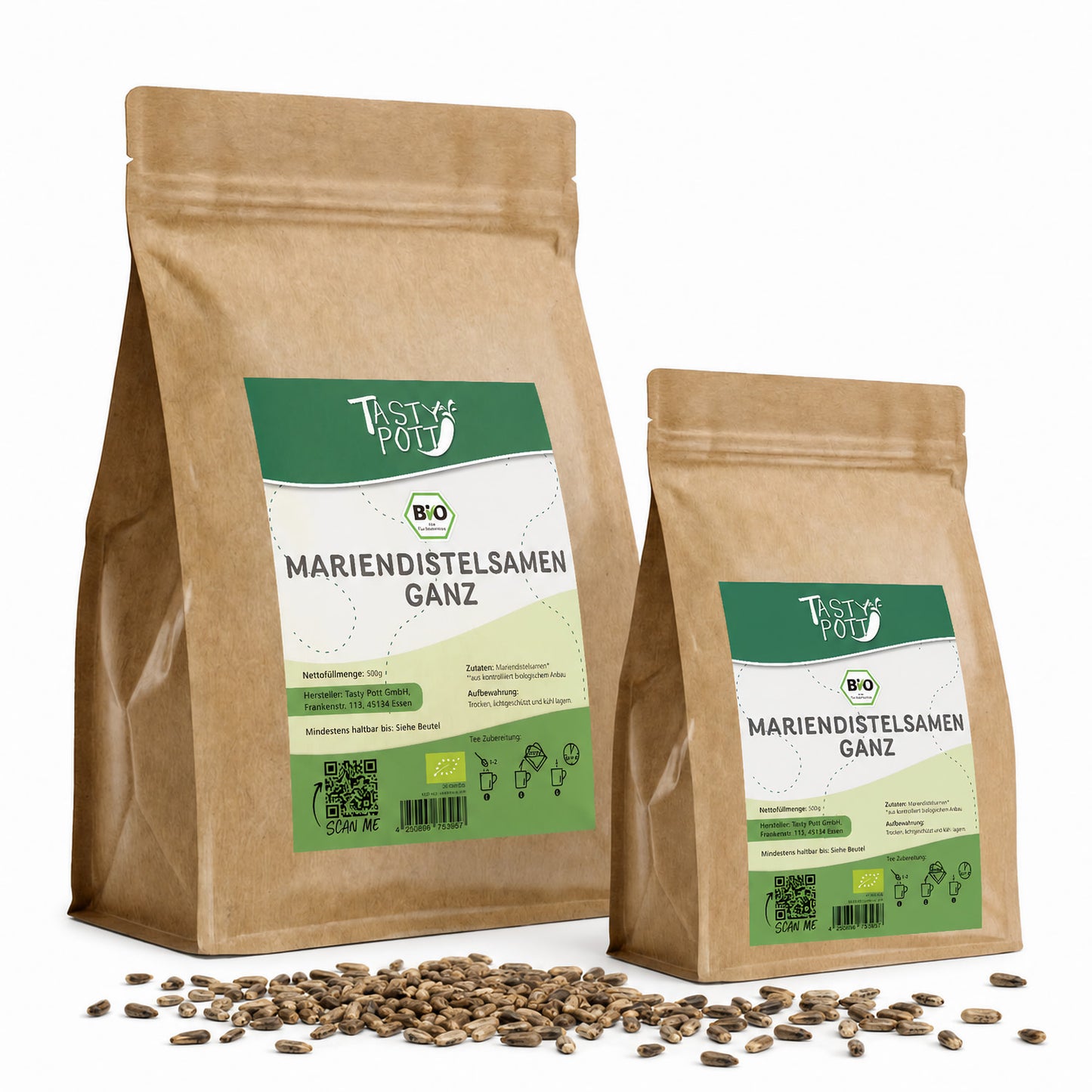 Bio Mariendistelsamen ganze Samen, 500g, von Tasty Pott, in brauner Verpackung.