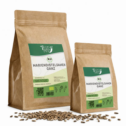 Bio Mariendistelsamen ganze Samen, 500g, von Tasty Pott, in brauner Verpackung.