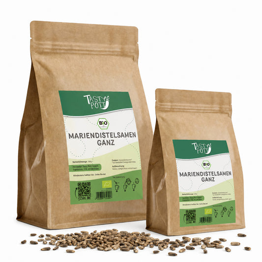 Bio Mariendistelsamen ganze Samen, 500g, von Tasty Pott, in brauner Verpackung.
