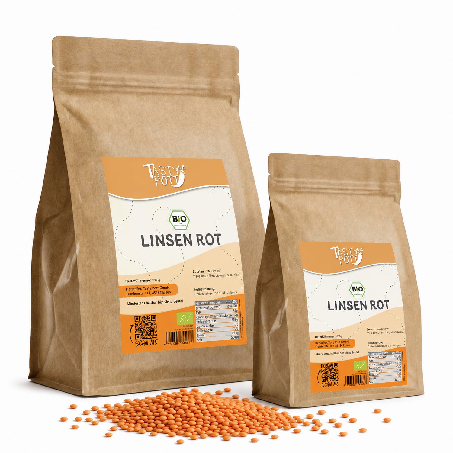 Bio Rote Linsen 1kg Beutel von Tasty Pott, hochwertige, proteinreiche Hülsenfrüchte.