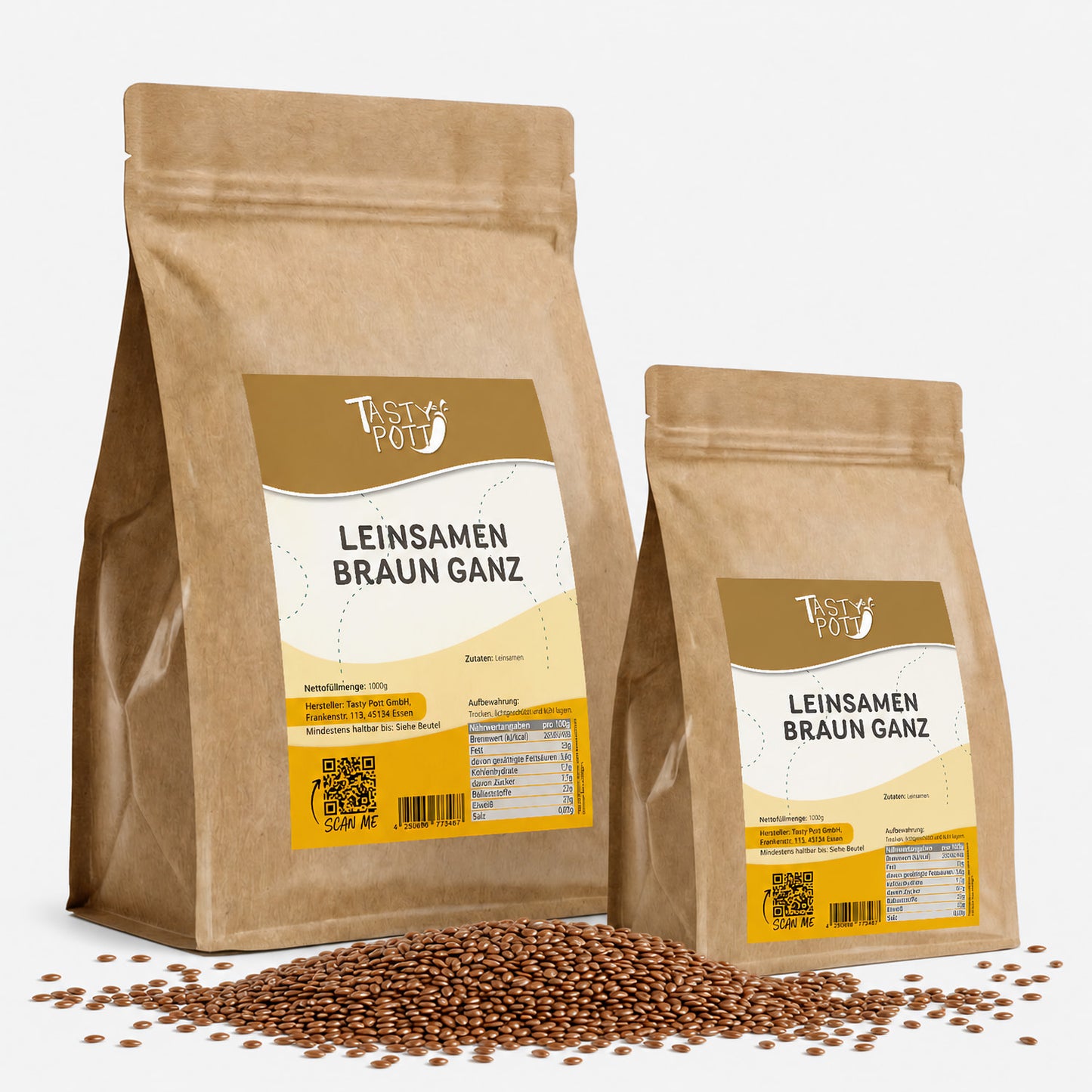 Braune Bio Leinsamen ganz im 1kg Beutel von Tasty Pott.