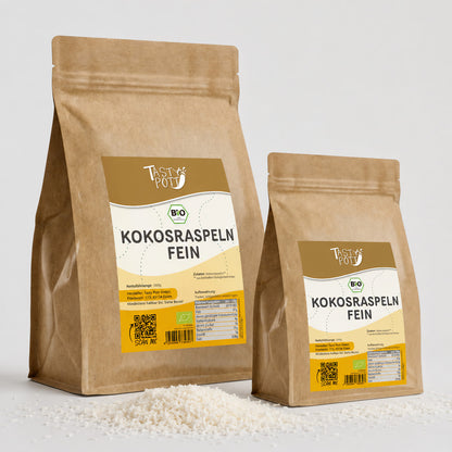 Bio Kokosraspeln fein im 1kg Beutel von Tasty Pott, ideal für Backen und Kochen.