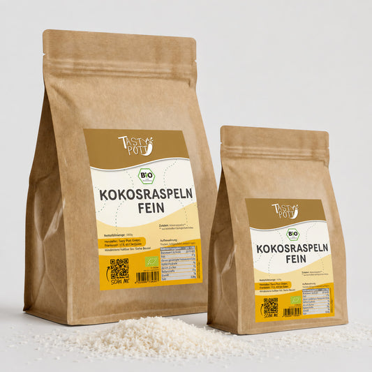 Bio Kokosraspeln fein im 1kg Beutel von Tasty Pott, ideal für Backen und Kochen.